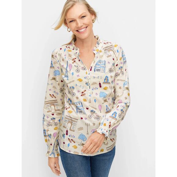 Talbots Paris Icons Ruffle Popover MP Cotton Blouse Top French Print Peasant - Picture 1 of 9